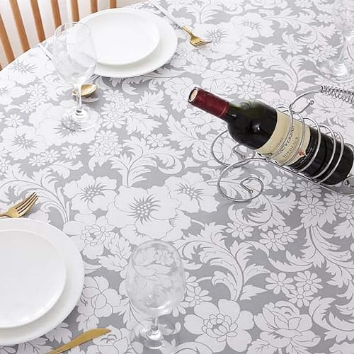 GRISHA Waterproof Round Tablecloth,Elastic Edged Fitted,Oilcloth,PVC,Wipeable,Outdoor circular plastic cover. (Grey Flowers, 114x142cm) - Image 2