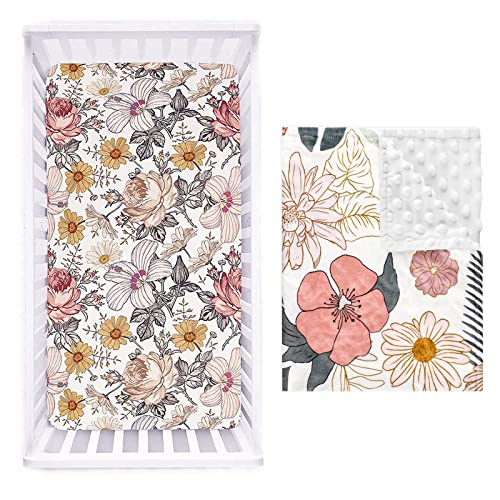 Image of Crib Sheet Jersey Cotton, Fitted Cotton Baby & Toddler Universal Crib Sheets, Floral Crib Sheet Set，Flower Minky Toddler Blanket for Girls