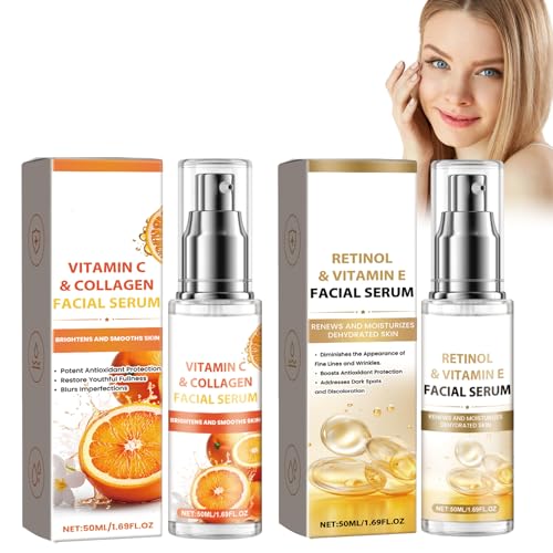 Vitamina C Suero+Suero de Retinol, con Vitamina E, Sérum Antiarrugas Profundo, Esencia Iluminadora de Polipéptido Reafirmante Facial, Cuidado de la Piel con Esencia Nutritiva
