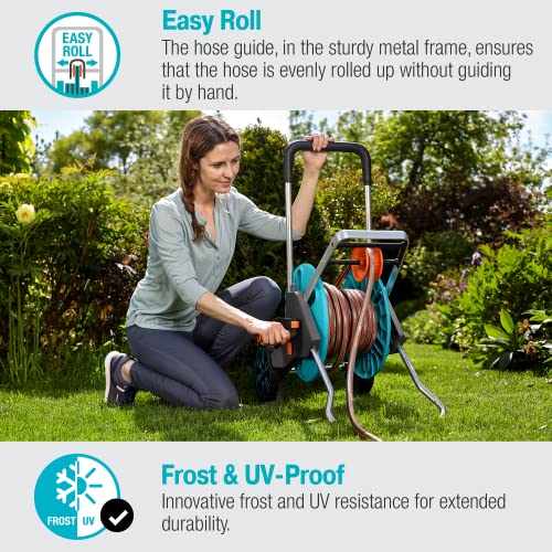 Gardena 18515-80 Frost Proof Hose Cart With Built-In Hose Guide, Includes 5 Ft Connection Hose And Adapters, Holds 195 Ft 1/2” Hose, Durable Construction, Made In Germany, 5 Year Warranty #TOP3