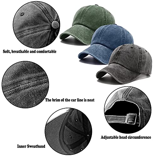3 Pack Washed Plain Vintage Baseball Cap Cotton Adjustable Twill Bulk Low Profile Classic Dad Hat For Men/Women(Dark Green+Black+Navy Blue) #TOP2