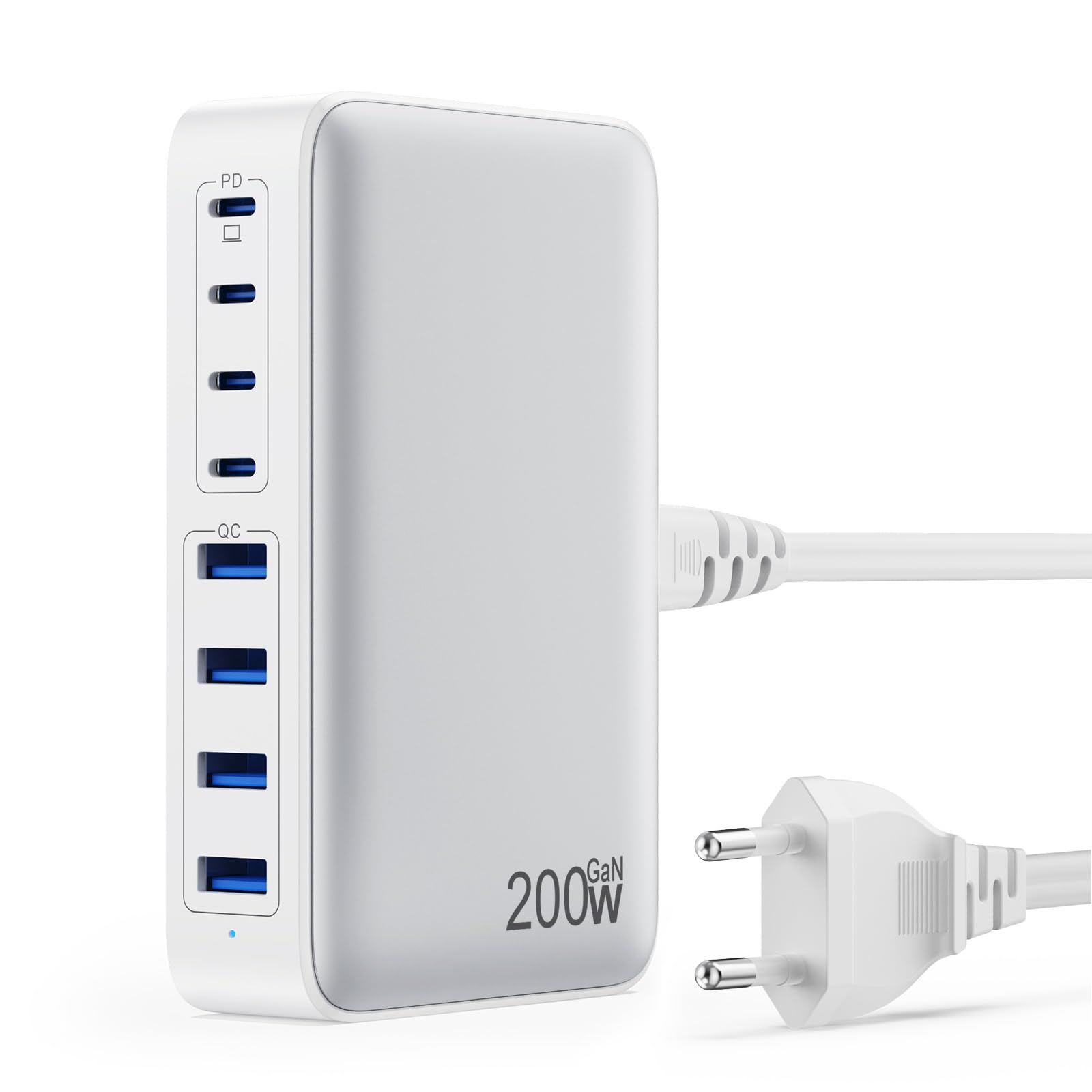 Feob 200W USB C Ladegerät Mehrfach, GaN III 8-Port Schnellladegerät PPS PD 65W Ladegerät Adapter Schnellladestation mit USB-A Netzteil Charger für MacBook, iPhone,SteamDeck,Smartphones