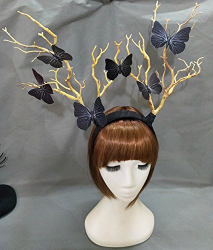 Steampunk Deadwood Horn Headband Sheep Ears Cosplay Headpieces Halloween Lolita Fancy Headdress Kangsanli (with butterfly)