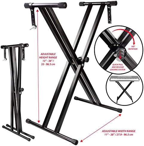 RockJam RJX29 Double Braced Adjustable Keyboard Stand with Locking Straps, Black