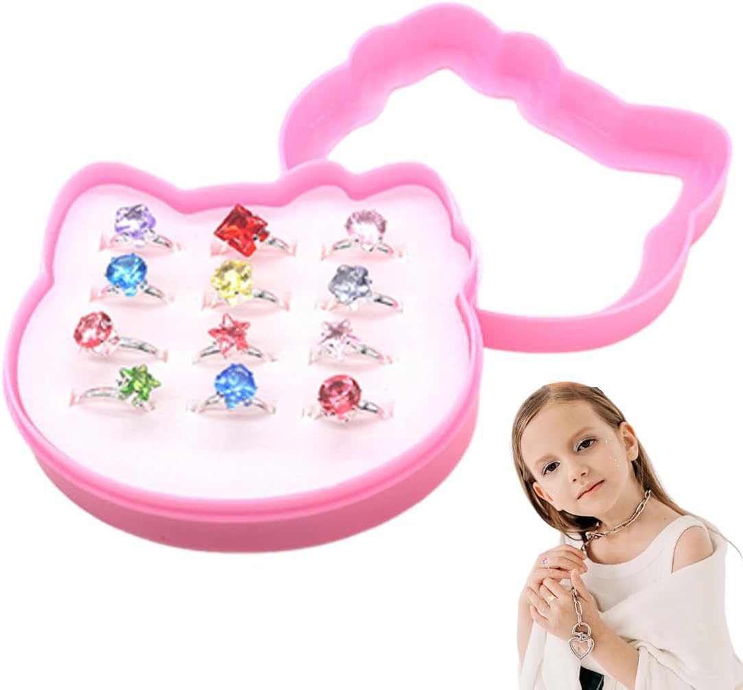 Anillos Niñas Ajustables, 12 piezas Anillo de Diamantes Ajustable para Niños, Niña fingir jugar y vestir anillos para Cu