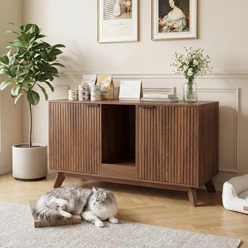Image of Double Cat Litter Box Enclosure for 2 Cats,Fluted Hidden Litter Box Furniture with Litter Collector & Scratch Pad,47 inch Large Enclosed Cat Cabinet,Cat House,TV Stand,for Living Room,Walnut