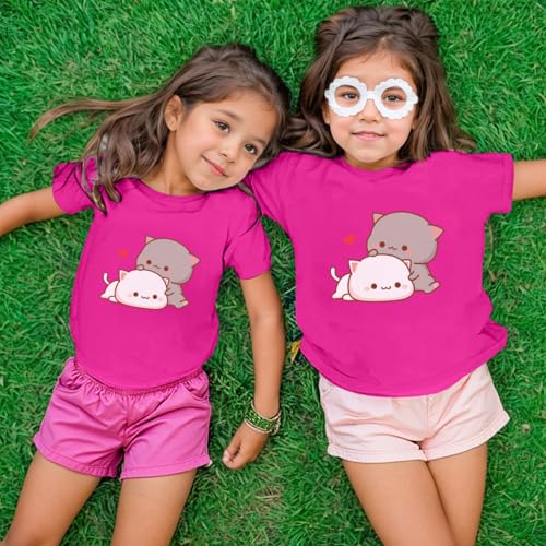 Image of KEEVICI Cute Cat Shirts for Girls Graphic Tees Kids Kawaii Cartoon Animal Print T Shirt Summer Cotton Short Sleeve Tops
