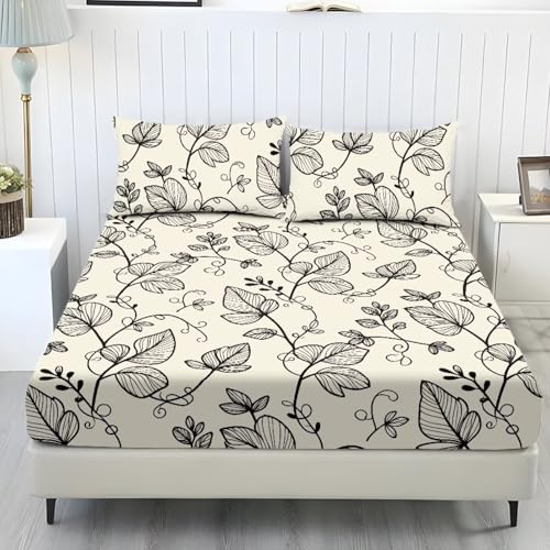 chaqlin 3 Piece Art Leaves Floral Fitted Sheet and 2
