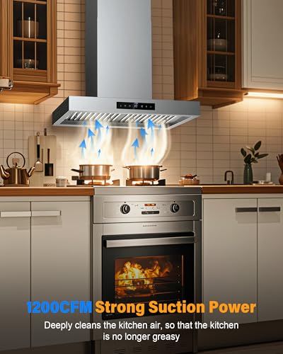 30 Inch Wall Mount Range Hood 1200CFM, 4-Speed Wall Mount Range Hood with Touch Control & Gesture Sensing Stainless Steel Kitchen Stove Vent Hoods with 2 LED Lights Luxury Series