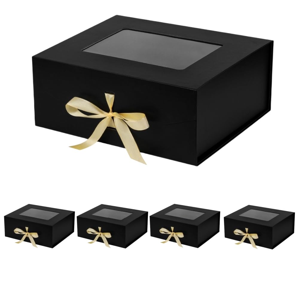 PLINJOY 5 Pcs Black Gift Box for Presents with Ribbon 13.2x11x5.3 Inches Clear Gift Box with Window Magnetic Closure Gift Boxes with Lids