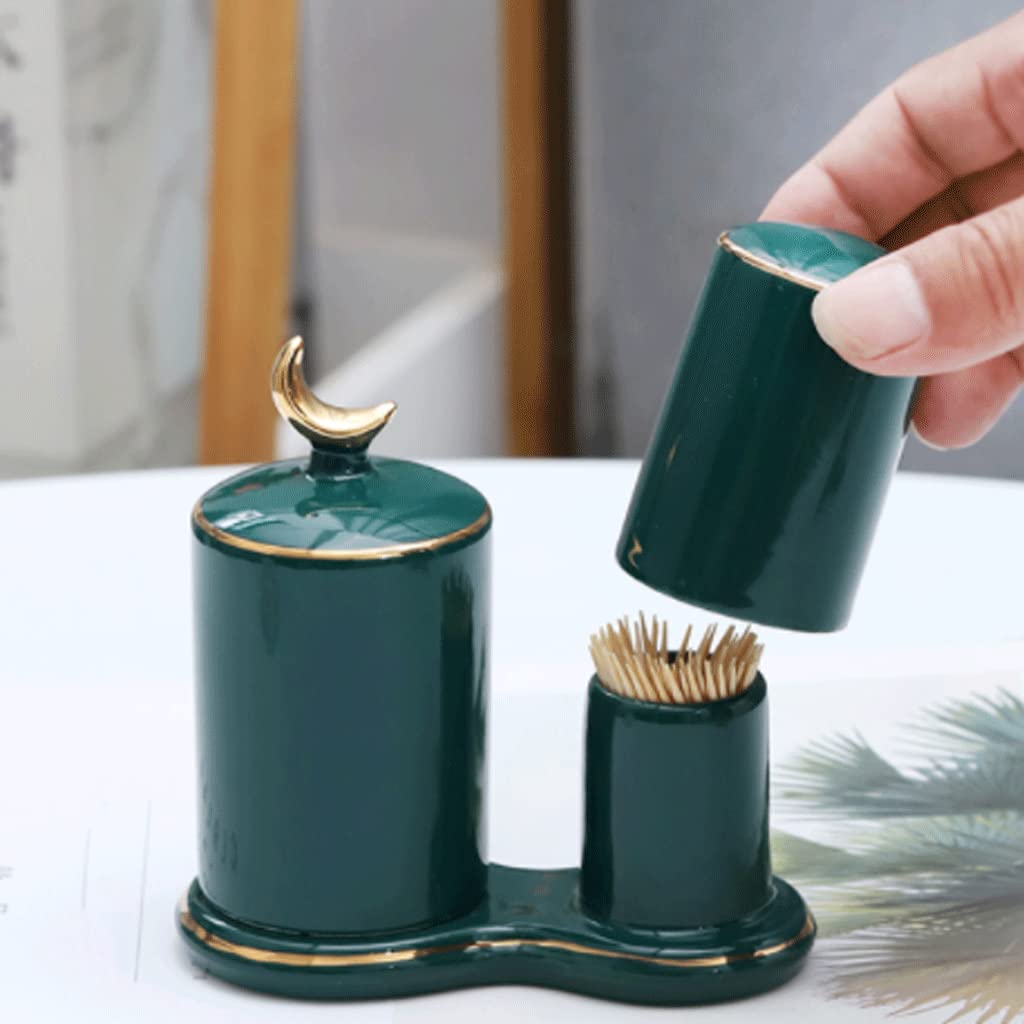 Hermoso soporte de cerámica para palillos de dientes con tapa, contenedor de palillos de dientes de doble barril, práctico dispensador de palillos de dientes