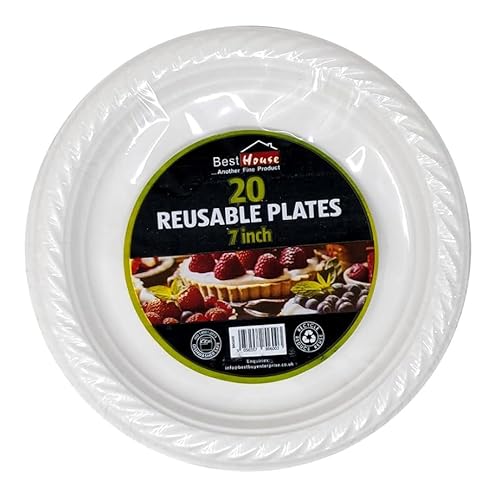 Best House 7 Inch White Plastic Plates Reusable Heavy Duty Lunch & Dinner Plate for Parties Weddings & Events (Pack of 40)
