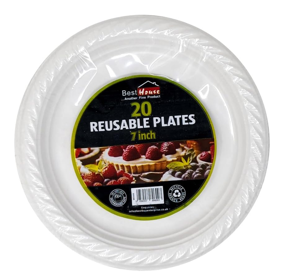 BH | 20 Pcs White Dinner Plates | 7 Inch Heavy Duty Reusable Dinnerware | Washable & Microwave Safe Plates | Ideal for Birthday Parties, Catering, Camping & Everyday Use