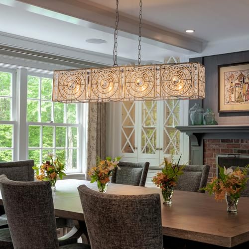 Image of 4-Lights Rectangle Crystal Chandelier for Dining Room, 42.12 inch Vintage Bronze Finish Large Chandeliers for High Ceilings, Flush Mount Pendant Light for Living Room Kitchen Island Bar