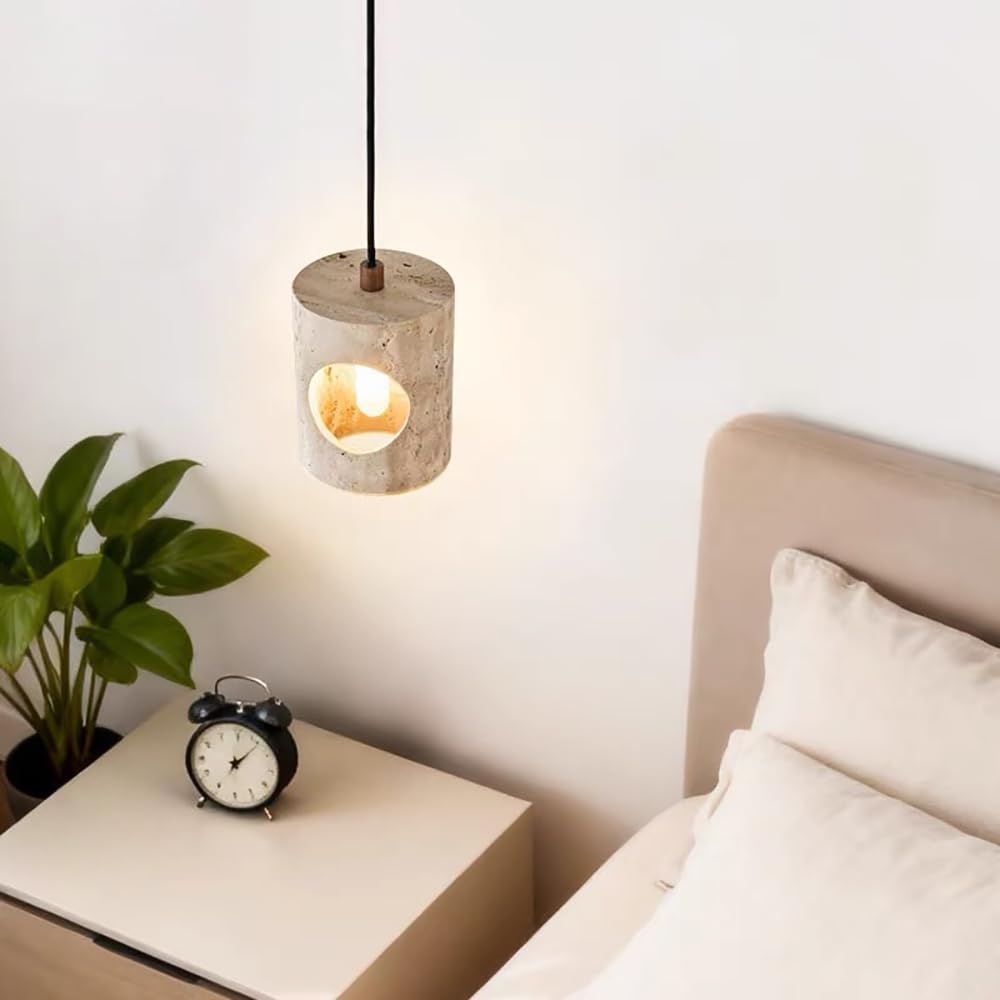 Abinlina Natural Concrete & Travertine Pendant Light Fixture - Japandi Style Hanging Chandelier for Kitchen Island & Living Room
