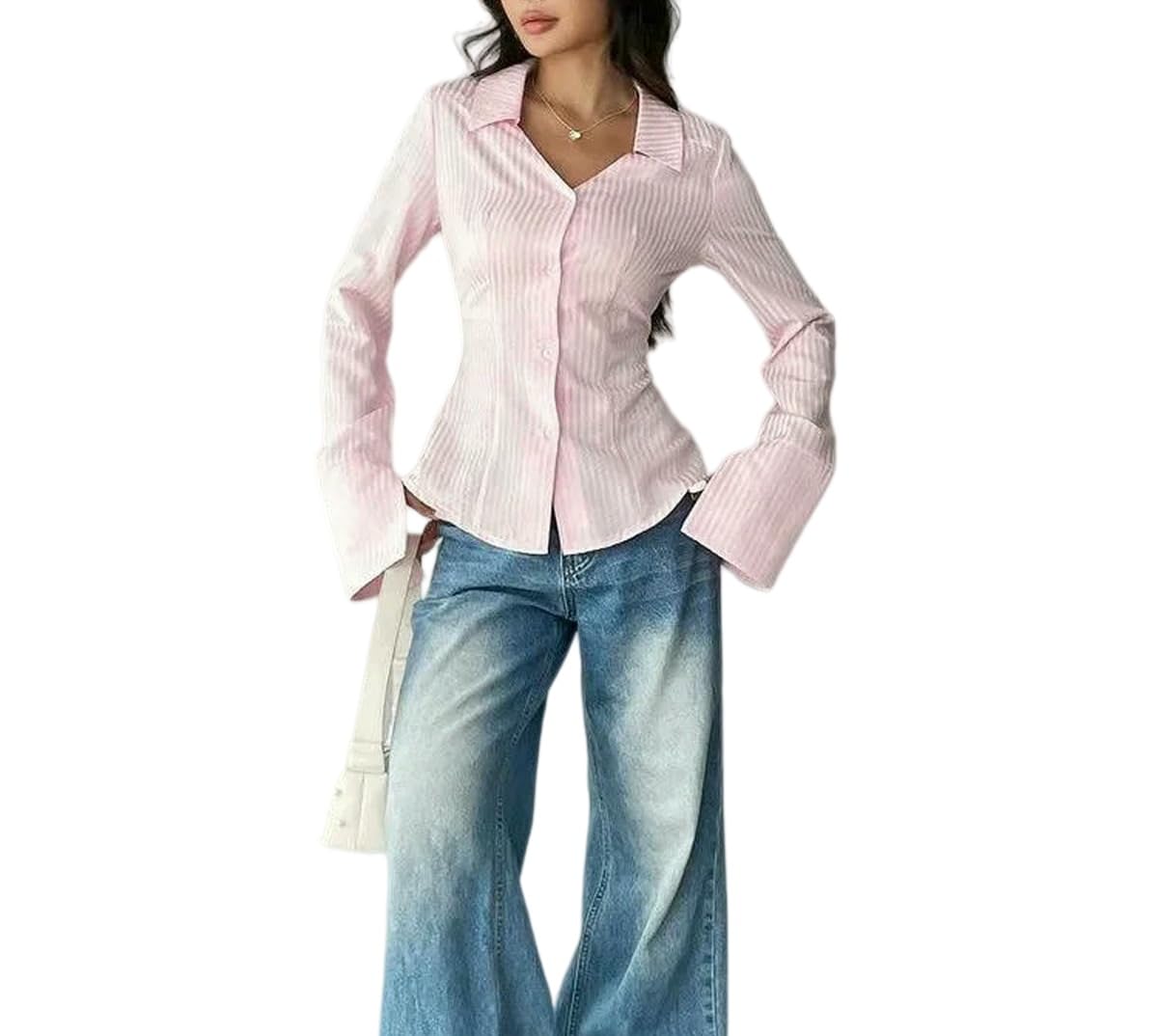 Blusas Mujer,Camisas de Mujer a Rayas con Mangas Acampanadas, Cuello en V, Manga Larga, Top Ajustado con Botones.
