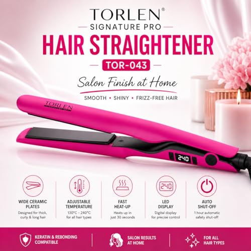 Image of TORLEN Signature Pro Hair Straightener TOR-043 | Wide Tourmaline Ceramic Plates for Thick, Curly & Long Hair | 3D Floating Plates | Fast Heat-Up in 30 Sec | Adjustable Temp 130C-240C | Keratin & Rebonding Ready | Salon Finish at Home (Pink)