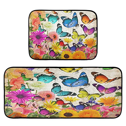 Spring Flowers Butterflies Kitchen Rugs Set Of 2, Colorful Sunflower Floor Runner Area Rug Washable Carpet Mat Perfect For Living Room Bedroom Entryway #TOP6