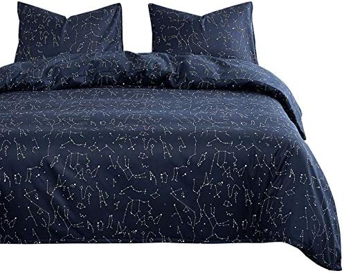 Wake In Cloud - Constellation Comforter Set, Navy Blue with White Space Stars Pattern Printed, Soft Microfiber Bedding (3pcs, Queen Size)