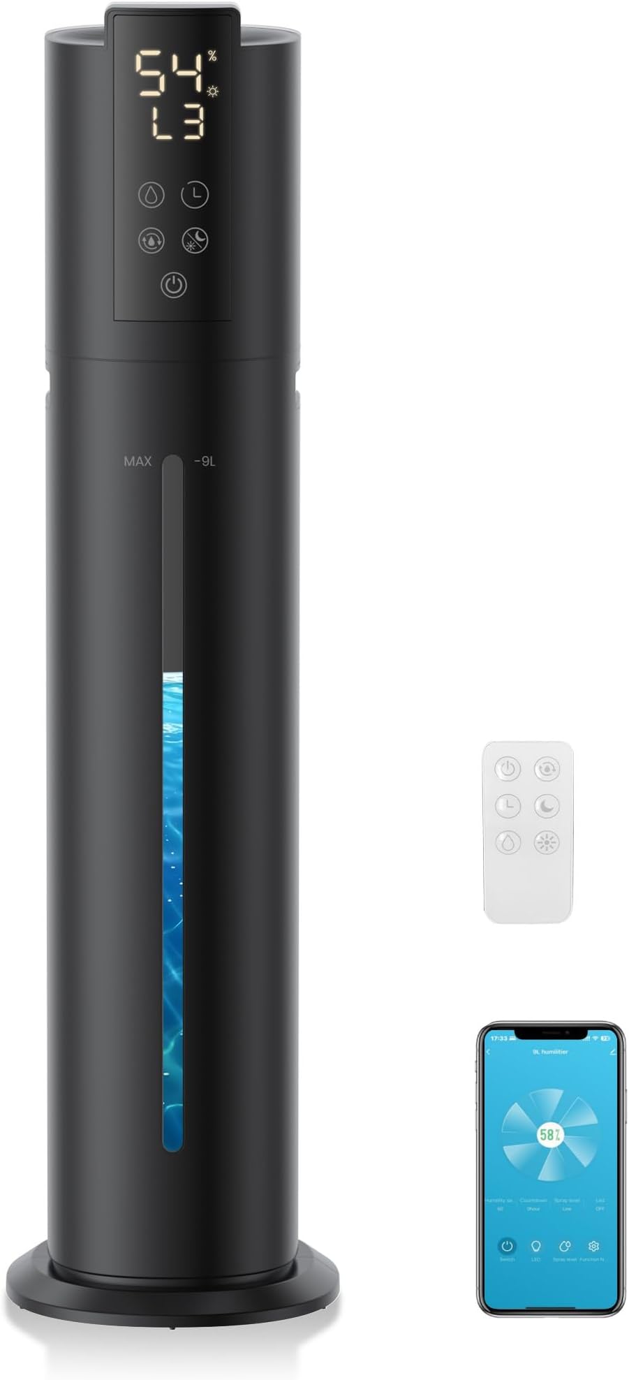 9L/2.38Gal Smart Humidifiers For Large Room,30dB Quiet Whole House Humidifier,Cover Up To 600ft² App/Remote Control,Humidifier For Bedroom,Humidifiers With Essential Oil Diffuser,12 H Timer,Black