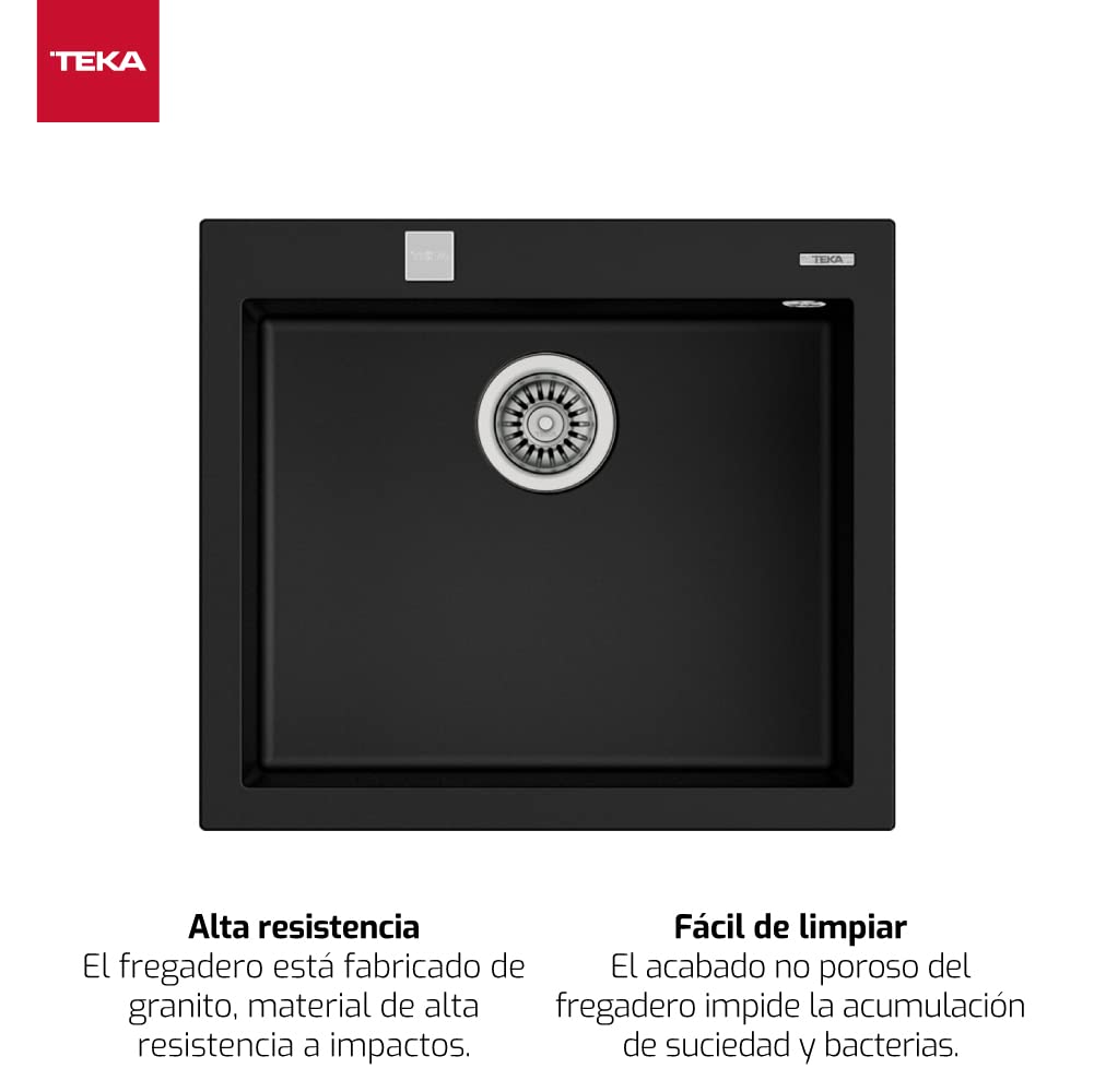 TEKA Fregadero Encastrado 1 Cubeta Granito, Profundidad 20 cm, Desagüe Automático con Válvula Canasta y Sifón, ForSquare 50.40 TG