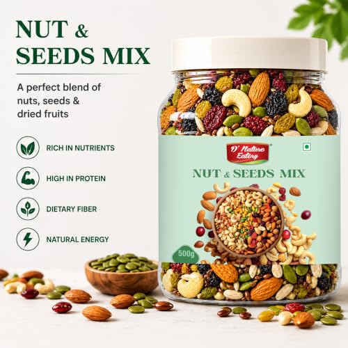 Image of D' Nature Eatery Mixed Dry Fruits 500g Healthy Natural 8 in 1 Superfood Trail Mix Nuts Seeds and Berries | Rich in High Protein Almonds, Cashew, Raisin, Pumpkin, Sunflower and Flax Seeds