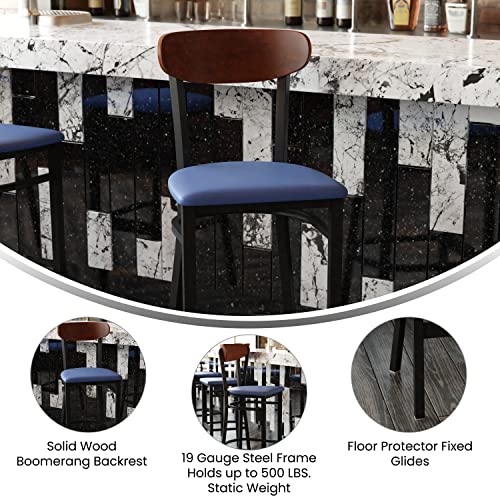 Image of Flash Furniture Wright Commercial Barstool - Walnut Finish Wood Boomerang Back - Blue Vinyl Seat - 500 LB. Capacity Black Steel Frame - Integrated Footrest