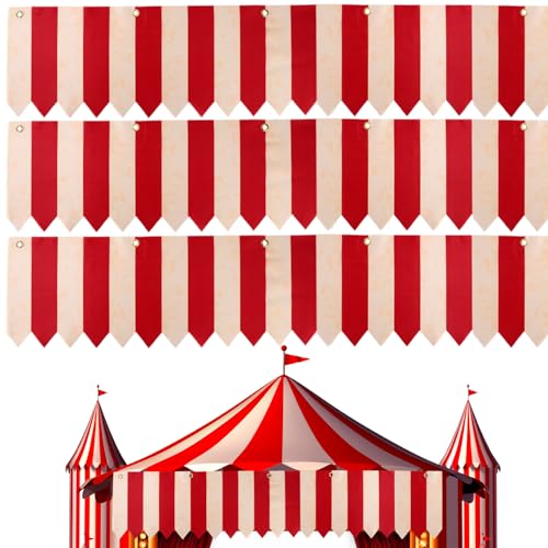 3 unidades pendentes tenda de circo decoração, poliéster decoração temática circo faixa de riscas vermelhas e brancas com cordas para festa Halloween e celebração carnaval