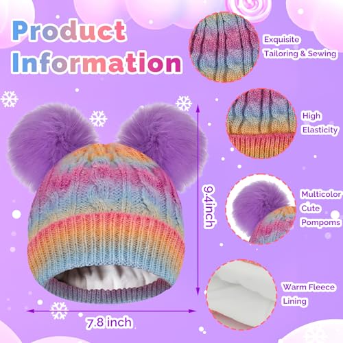 Girls Beanie with Double Pom Pom, Thick Warm Fleece Lined Knit Kids Winter Hat for 3-9 Years3