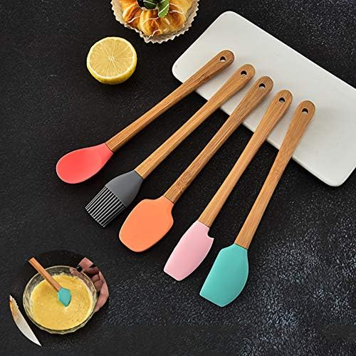 Mini Silicone Spatula Set Bamboo Handle Baking Scrapers Heat Resistant Turner Jar Spatula Barbecue Brush Whisk Egg Milk Blender for Baking Frosting Mixing Cooking6 Pcs Mini Silicone Spatula Set