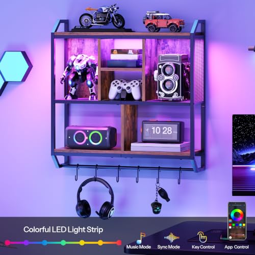Image of HOOBRO Gaming Floating Shelf with LED Lights, 28.7 inch LED Wall Mounted Shelf, 3-Tier Display Rack for Wall Storage, Floating Rack with Hanging Rod and 6 S-Hooks, Rustic Brown and Black BF70DBJ01