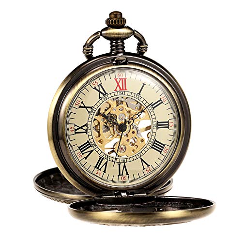 Image of TREEWETO Mens Antique Mechanical Pocket Watch Lucky Dragon & Phoenix Retro Skeleton Dial Double Cover with Chain