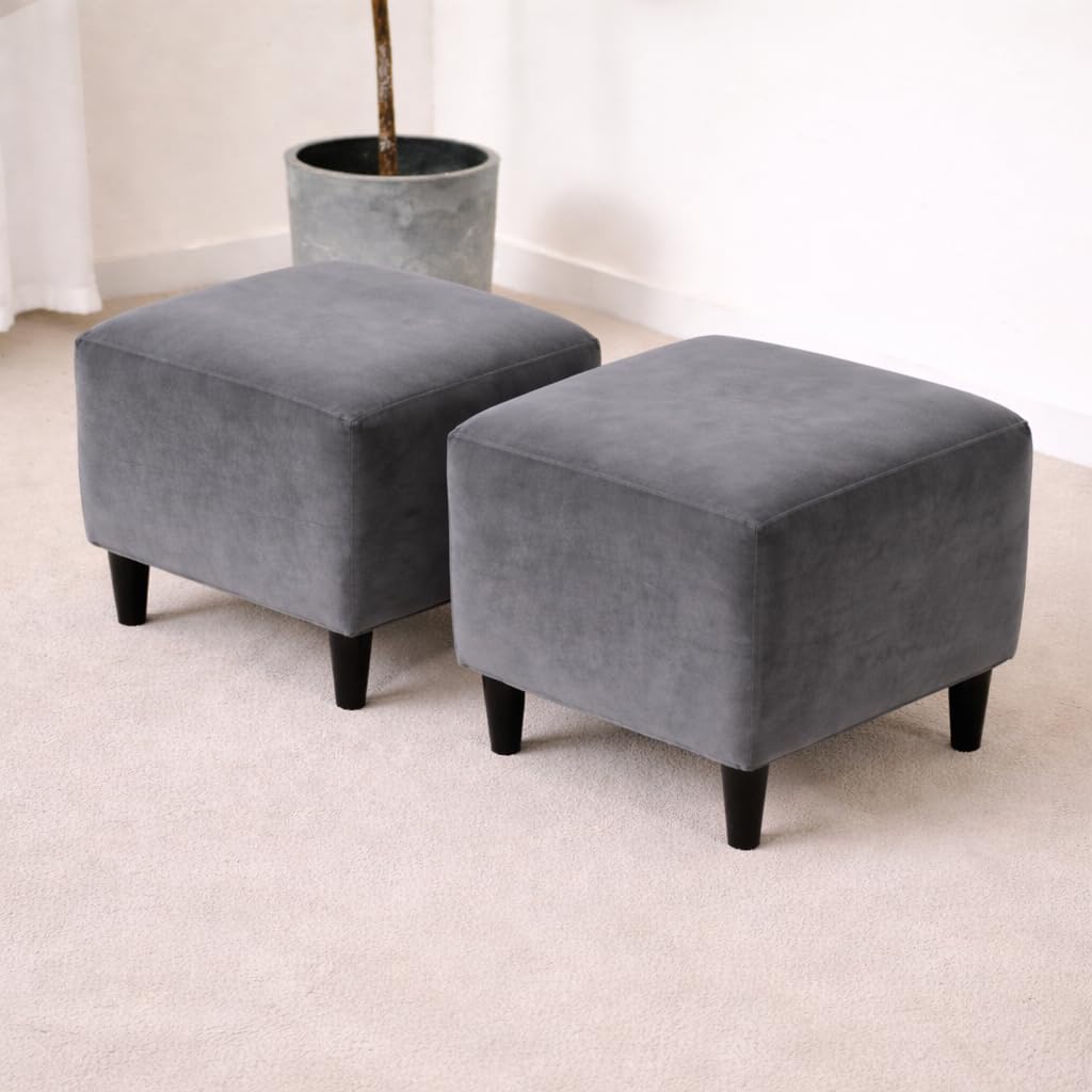 Gifts Island Pack of 2 Grey Velvet Square Ottoman Cover Stretchable Elastic Washable Ottoman Protector for Stool, Pouffe, Footrest | Furniture Cover for Living Room Decor (Grey Velvet)-image-37