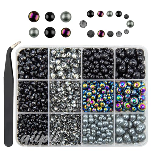 qiipii Black 3mm-8mm Flatback Pearls and Rhinestones for Bedazzling Crafting Half Pearls Resin Stones Diamonds Gems Crystals for Nails Face Eyes Makeup Tumblers Bottles Crafts Grad Cap Shoes Scrapbook