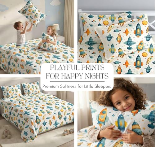 Image of RD FABS Glace Cotton Wrinkle Free Soft Hypoallergenic Elastic Fitted Cartoon Printed Bedsheets for Kids with 2 Pillow(Size,78 x 72 Inches(Fits up to 8 Inch),White Rocket),Double Bed,300 TC