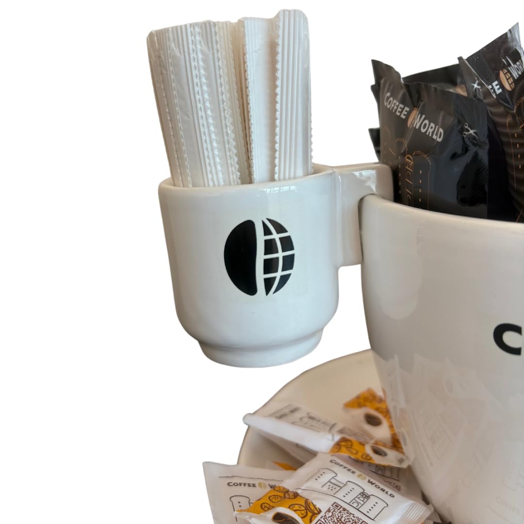 Coffee World, Tazzone artigianale con piatto in porcellana porta cialde, capsule, palette, zucchero, bicchierini da caffè, tazzone porta accessori da caffè, bicchierini, palettine e zucchero