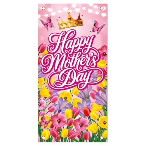 ANFEST Large Happy Mothers Day Door Cover, Mothers Day Decorations Sign, Thank You Mom Backdrop Supply, Fabric Vertical Banner for Mom Party Celebrations Photo Props 5.91X2.95FT