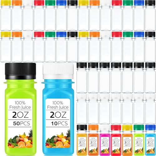 100 Pcs 2oz Small Clear Plastic Juice Bottles with Lids for Liquids - Reusable Ginger Shots Vials, Leak-Proof Mini Jars for Beverages