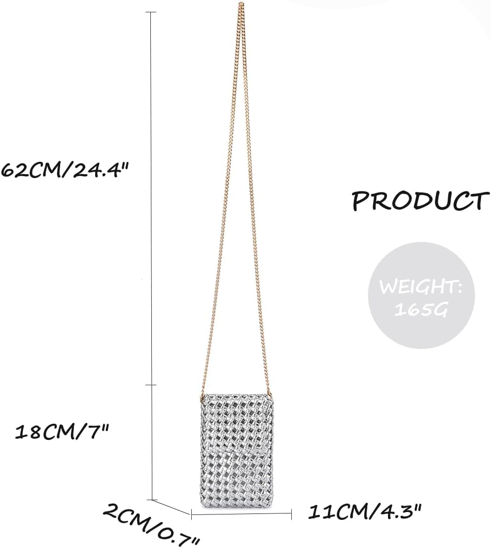 Woven Small Crossbody Bag for Women, PU Leather Cell Phone Purse with Chain Strap Mini Shoulder Bag Beach Crossbody Phone Bag