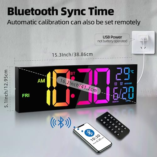 Maxstar 16.2'' Large Digital Wall Clock With Bluetooth Auto Sync, Remote Control, Alarm, Led Display, Rgb Colors, Auto Dst & Temperature For Classroom, Bedroom, Office, Garage-Black - 2
