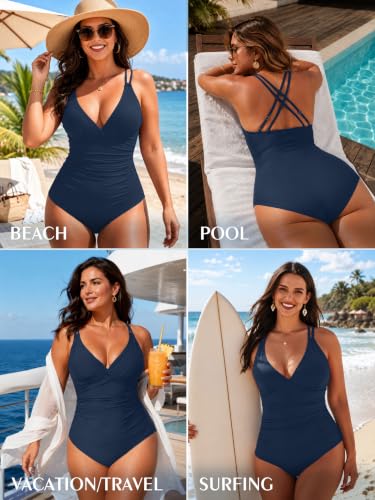 Image of KI LAPHEE One Piece Swimsuits for Women Tummy Control Bathing Suits Sexy Criss Cross Back Swimwear