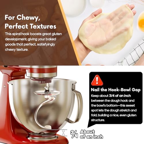 Image of Stainless Steel Spiral Dough Hook for KitchenAid 4.5QT & 5QT Tilt-Head Mixers - Dough Hook Kitchen Aid Accessories and Attachments, Kneading Hook for Bread, Pizza, Pasta, Cookies