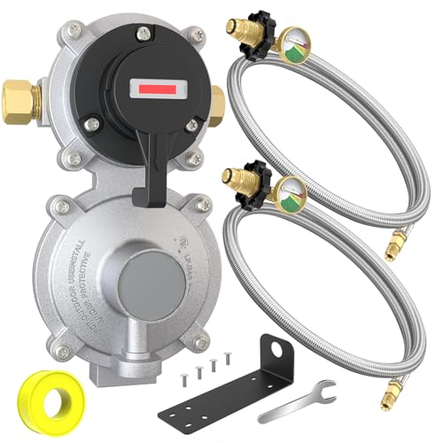 2-Stage Automatic Changeover LP Propane Gas Regulator with 24 RV Pigtail Propane Hoses with Gauge POL Connect 100 lD propane tankregulator 1/4 Inverted Male Flare Ideal for Trailers and Camper RVs