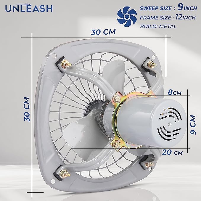 Image of Unleash Metal High Speed Exhaust Fan, 9 Inches (230mm), 55W, 3000RPM, Copper Winding Motor, Low Noise, for Bathroom and Kitchen | Warranty: 2 Years (Grey)