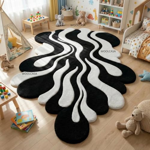 Image of Hand Tufted Wool Rug 6x8 Ft - Modern Irregular Shape Aesthetic Carpet, 1 Inch Thick Pile, Anti-Skid Backing, Soft Handmade Woolen Area Rug for Living Room, Bedroom, Hall Decor
