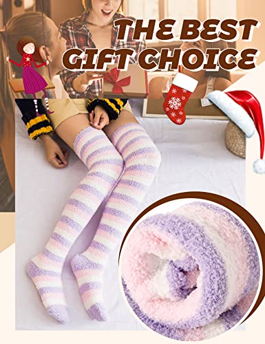 Womens Thigh High Fuzzy Socks Over Knee High Long Striped Socks Stocking Stuffers Fluffy Cozy Warm Winter Comfy Slipper Fleece Kawaii Cute Home Socks Christmas Gift For Women Teeage Girls 2 Pairs (Purple & Yellow Striped) #TOP5