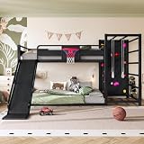 Zifone Full Size Metal Loft Bed Frame with Slide, Basketball Hoop, Pull-Up Rings, Climbing Wall and Built-in Bookshelves, Black