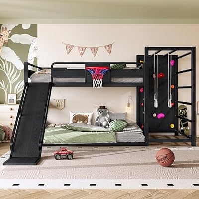 Zifone Full Size Metal Loft Bed Frame with Slide, Basketball Hoop, Pull-Up Rings, Climbing Wall and Built-in Bookshelves, Black