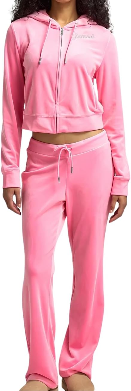 Glitrandi Womens 2 Piece Outfits Velour Rhinestone Cropped Hoodies Jacket And Sweatpants Tracksuit For Women