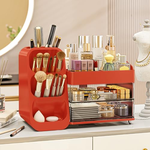 Red Makeup Organizer with Drawers for Vanity, Spacious Cosmetic Display Case, Perfect Storage Solution for Your Beauty Essential
